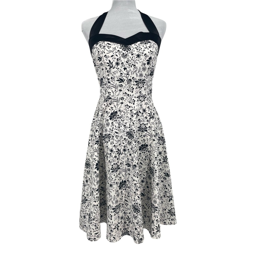 Dress Tells Black/White Skull Floral Halter Fit & Flare Dress Size L Psychobilly